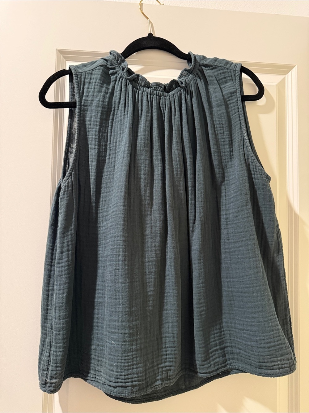 Velvet Sleeveless Gathered Neck Tank Top in Slate Green